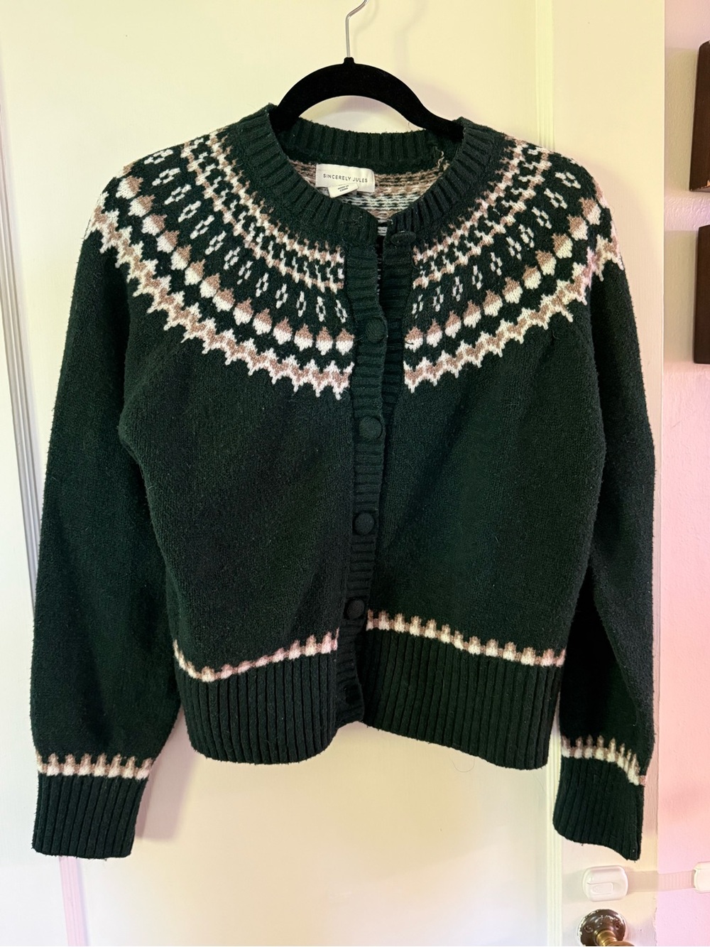Sincerely Jules Dark Green Fair Isle Button-Up Cardigan